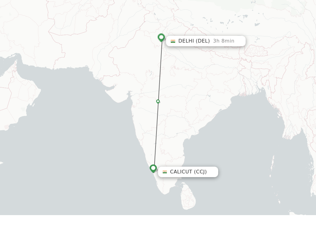 Flights from Kozhikode to Delhi route map