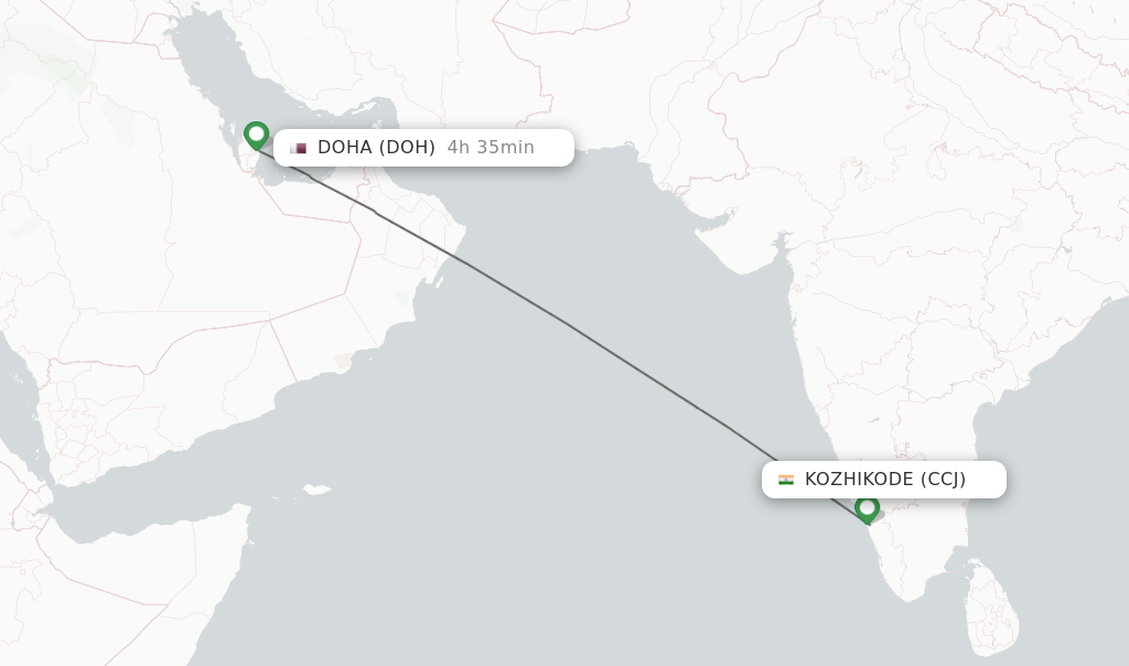 Flights from Kozhikode to Doha route map