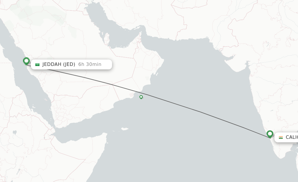 Flights from Kozhikode to Jeddah route map