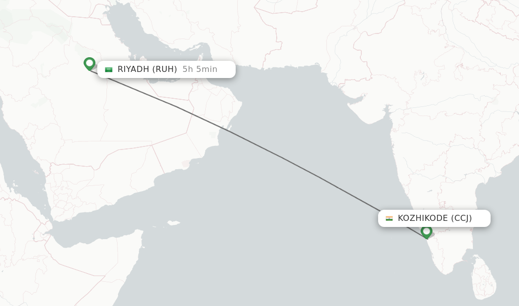Flights from Kozhikode to Riyadh route map