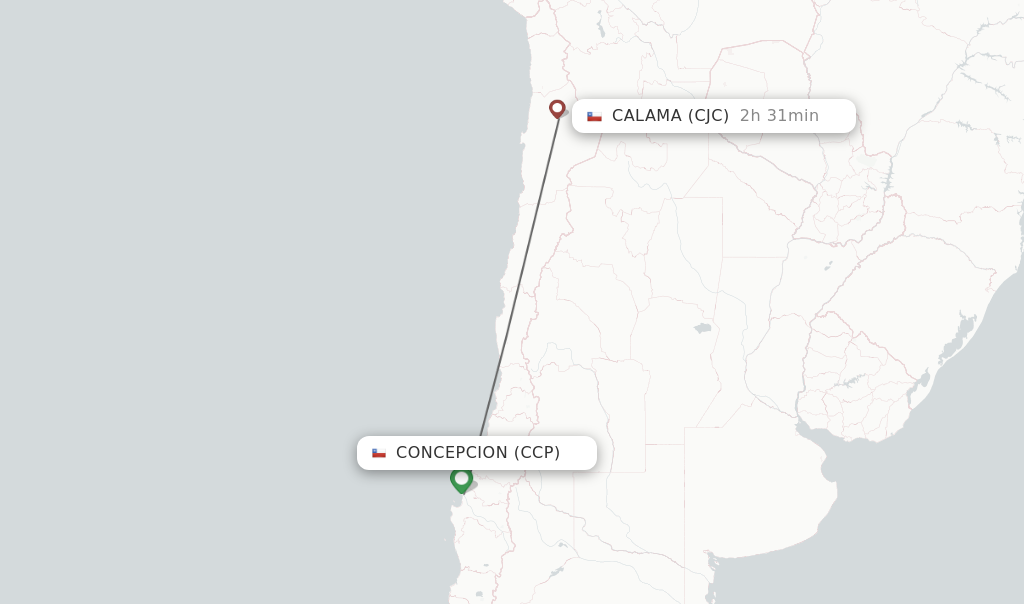 Flights from Concepcion to Calama route map