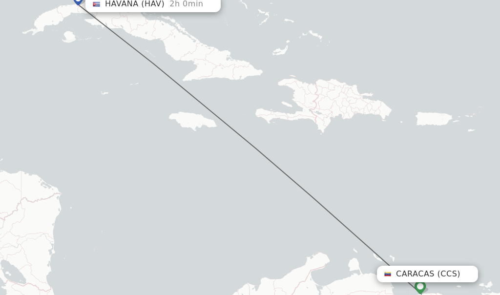 Flights from Caracas to Havana route map