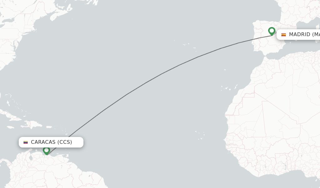 Flights from Caracas to Madrid route map