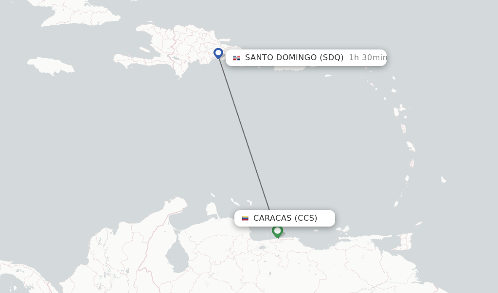 Flights from Caracas to Santo Domingo route map