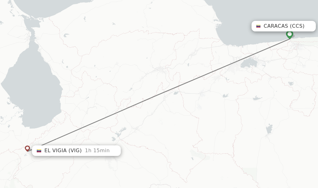 Flights from Caracas to El Vigia route map