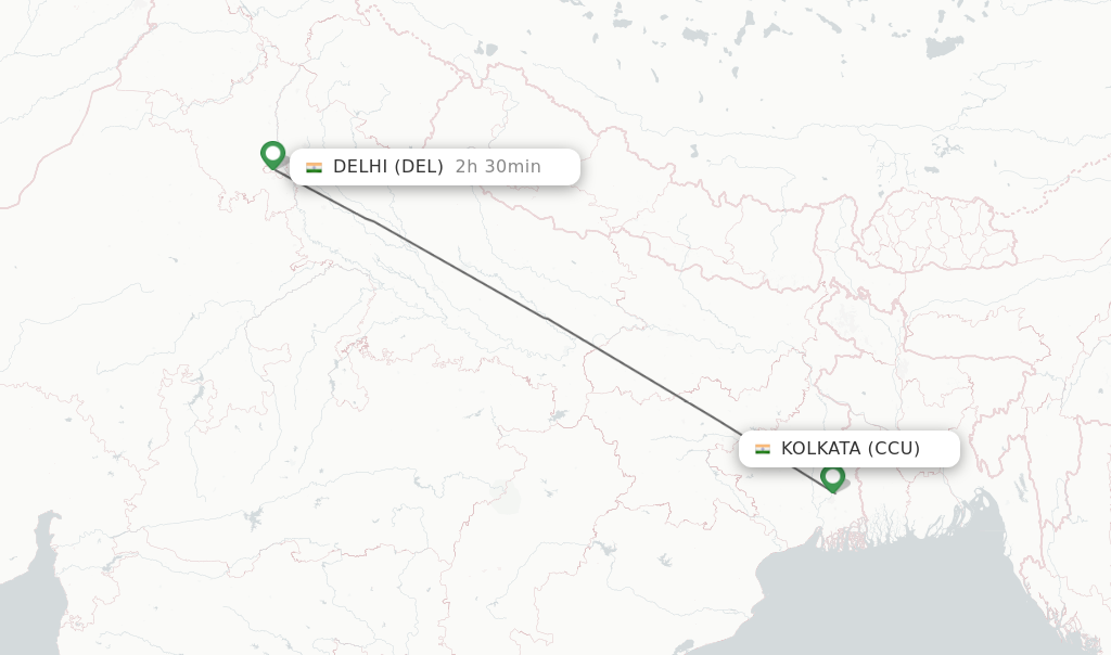 Flights from Kolkata to Delhi route map
