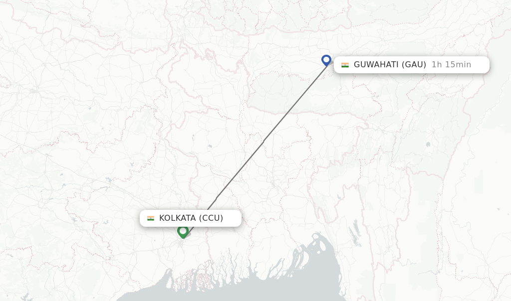 Flights from Kolkata to Guwahati route map