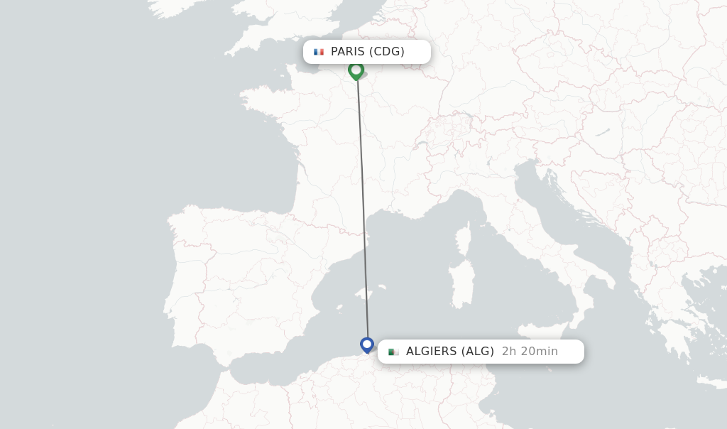 Flights from Paris to Algiers route map