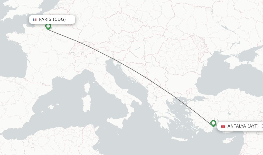 Flights from Paris to Antalya route map