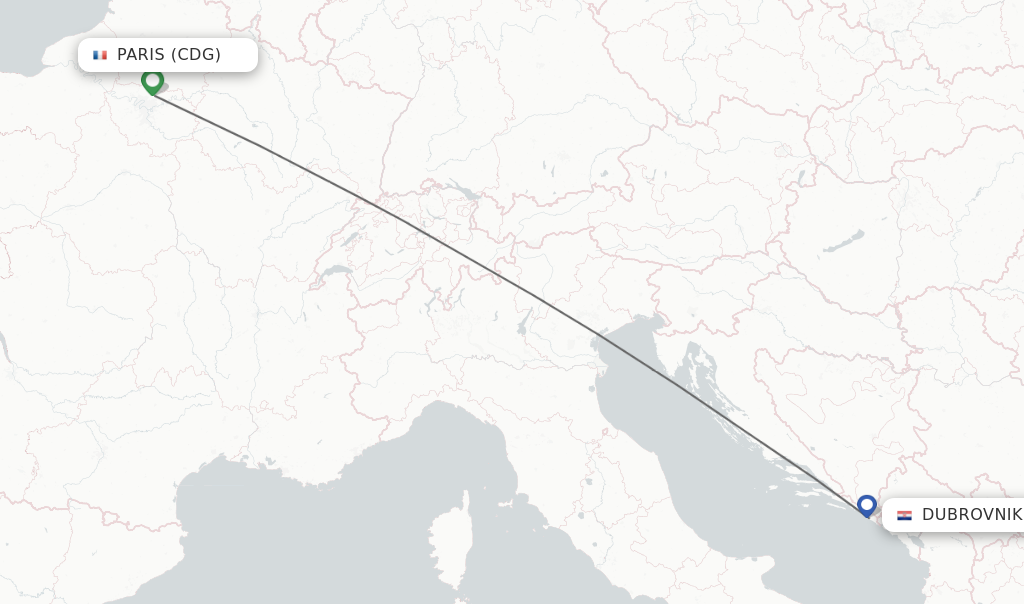 Flights from Paris to Dubrovnik route map