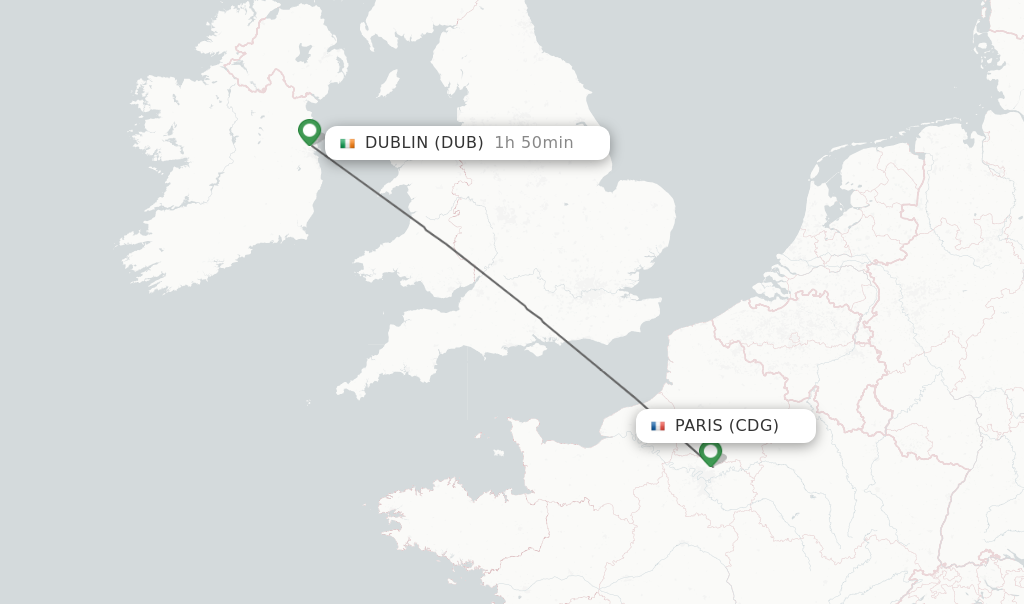 Flights from Paris to Dublin route map
