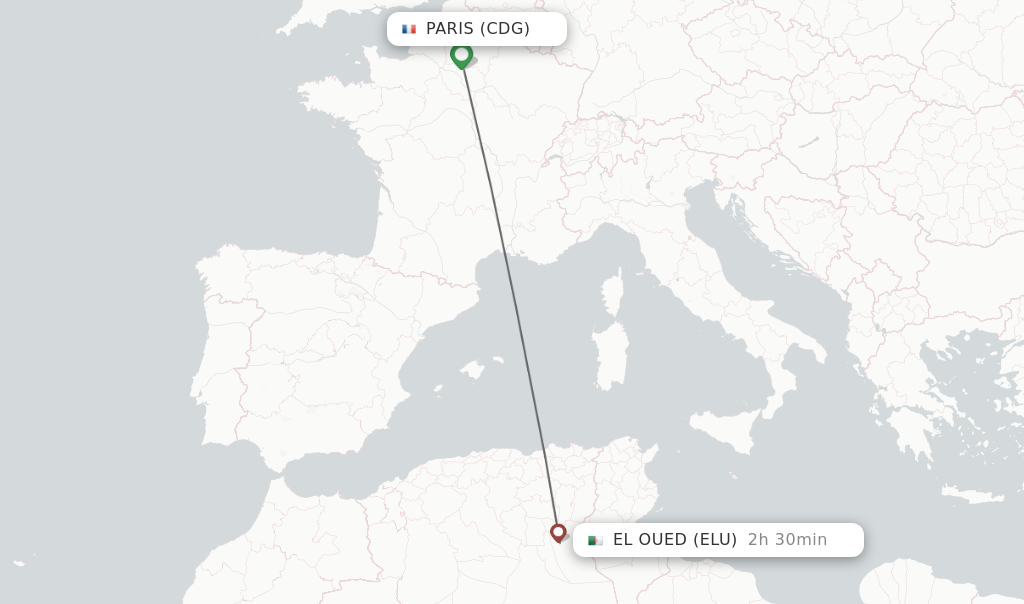 Flights from Paris to El Oued route map
