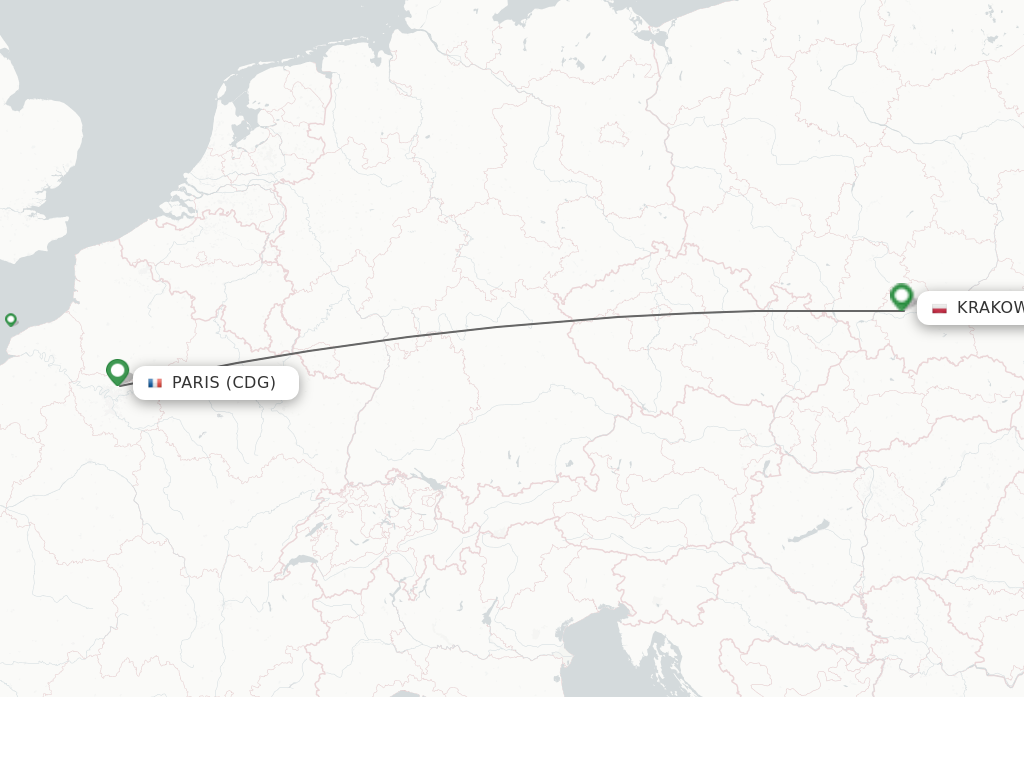 Flights from Paris to Krakow route map