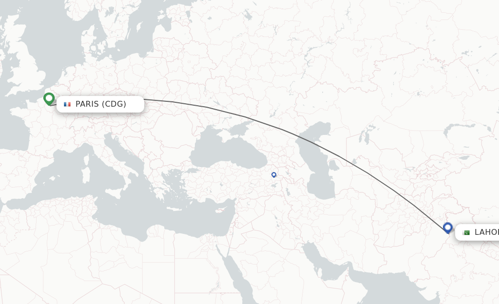 Flights from Lahore to Paris route map
