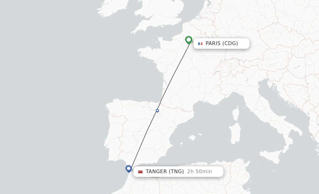 Flights from Paris to Tangier route map