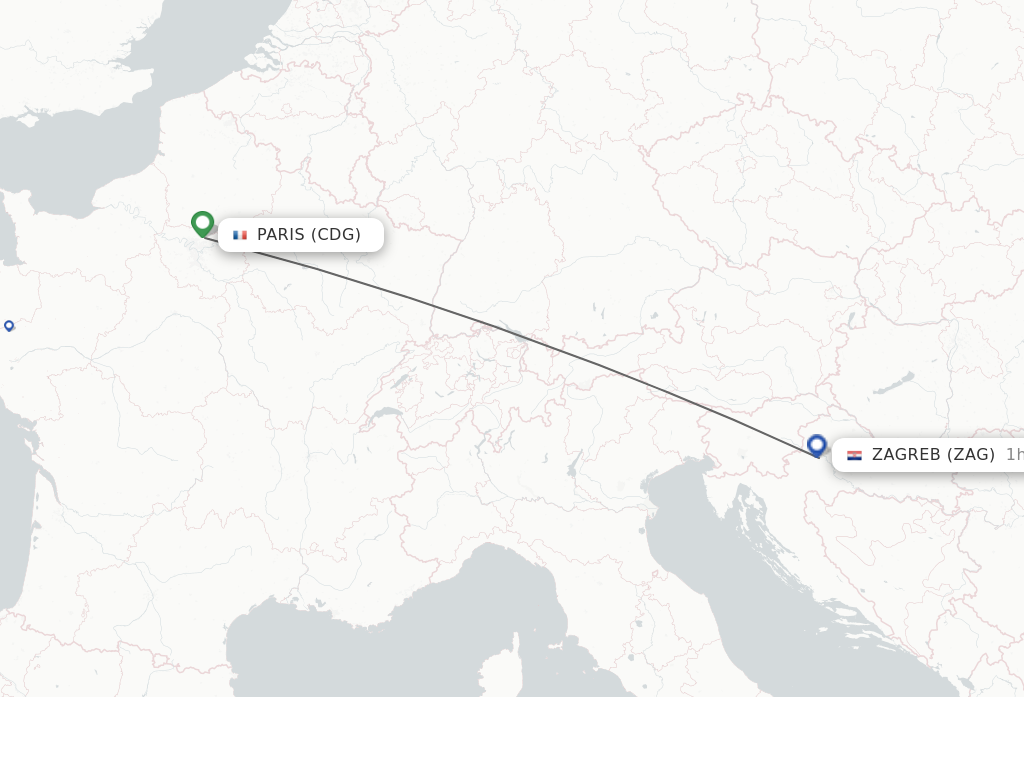 Flights from Paris to Zagreb route map