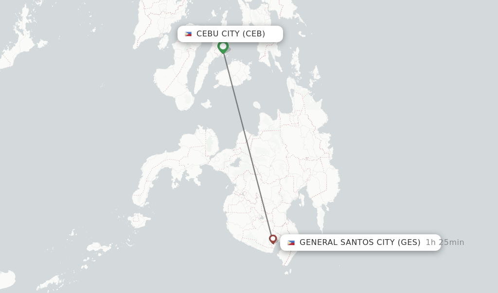 Flights from Cebu City to General Santos City route map