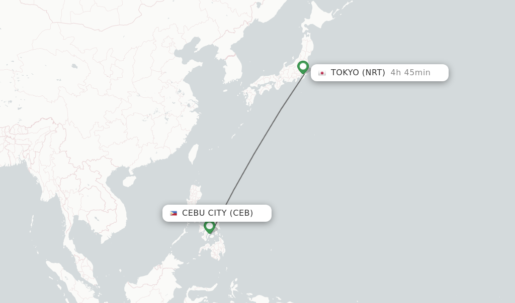 Flights from Cebu City to Tokyo route map