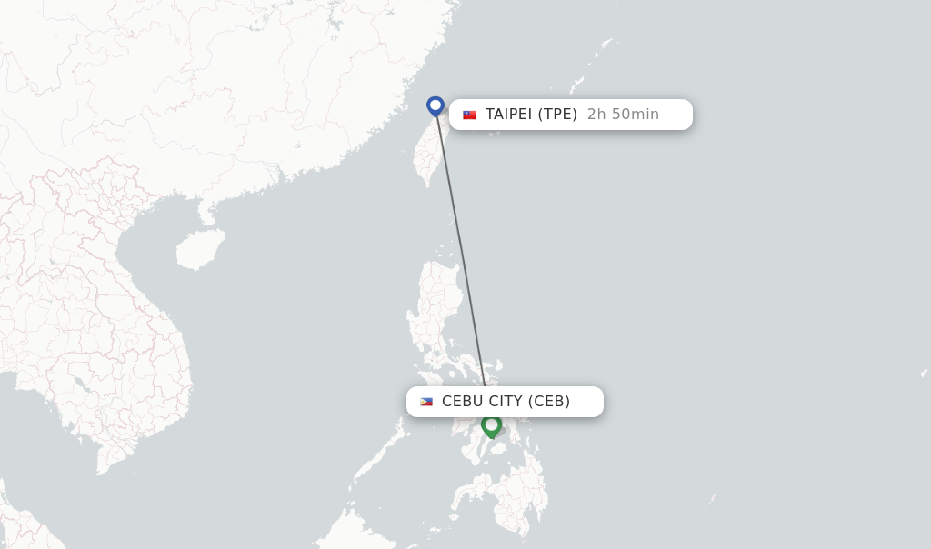 Flights from Cebu City to Taipei route map