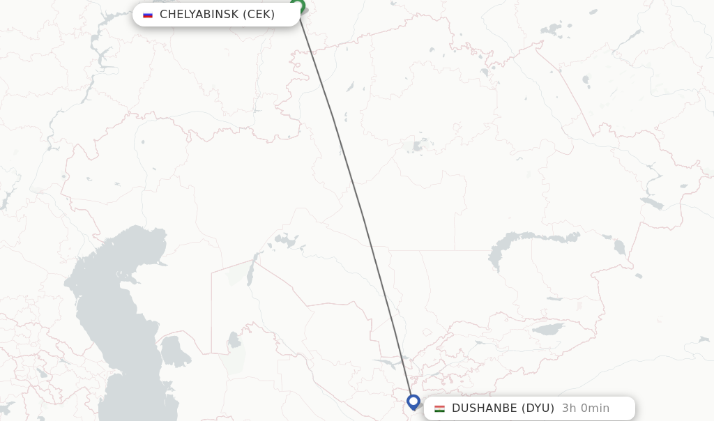 Flights from Chelyabinsk to Dushanbe route map