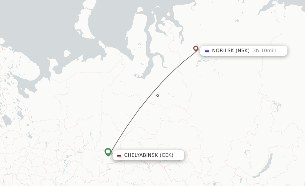 Flights from Chelyabinsk to Noril'sk route map