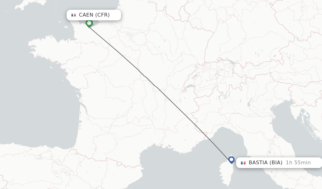 Flights from Caen to Bastia route map