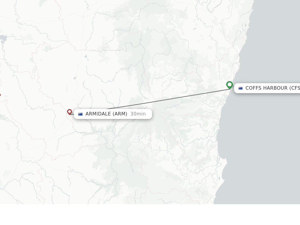 Flights from Coffs Harbour to Armidale route map