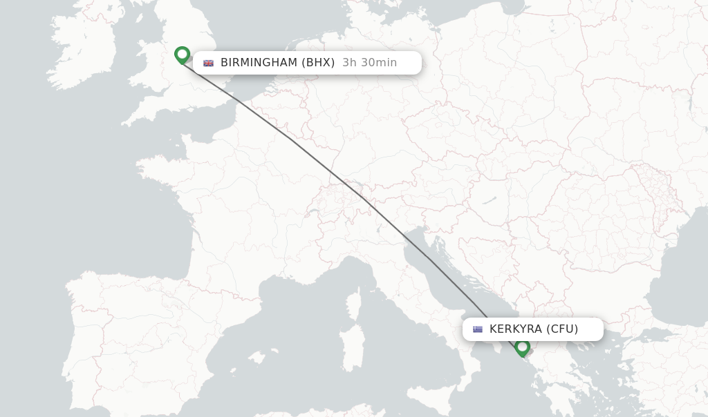 Flights from Kerkyra to Birmingham route map