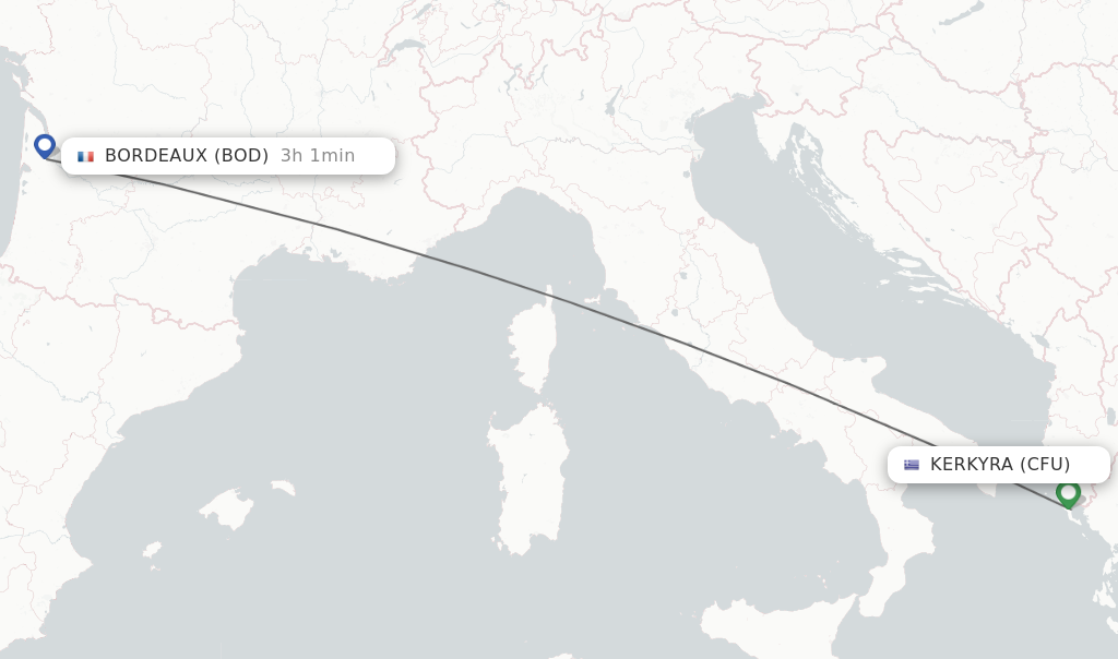 Flights from Kerkyra to Bordeaux route map