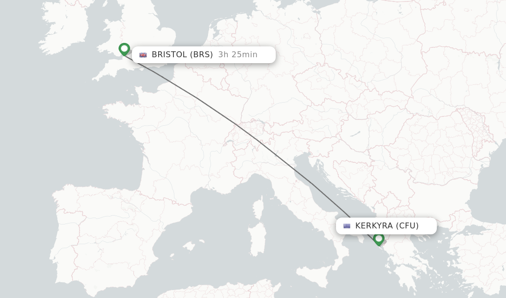 Flights from Kerkyra to Bristol route map