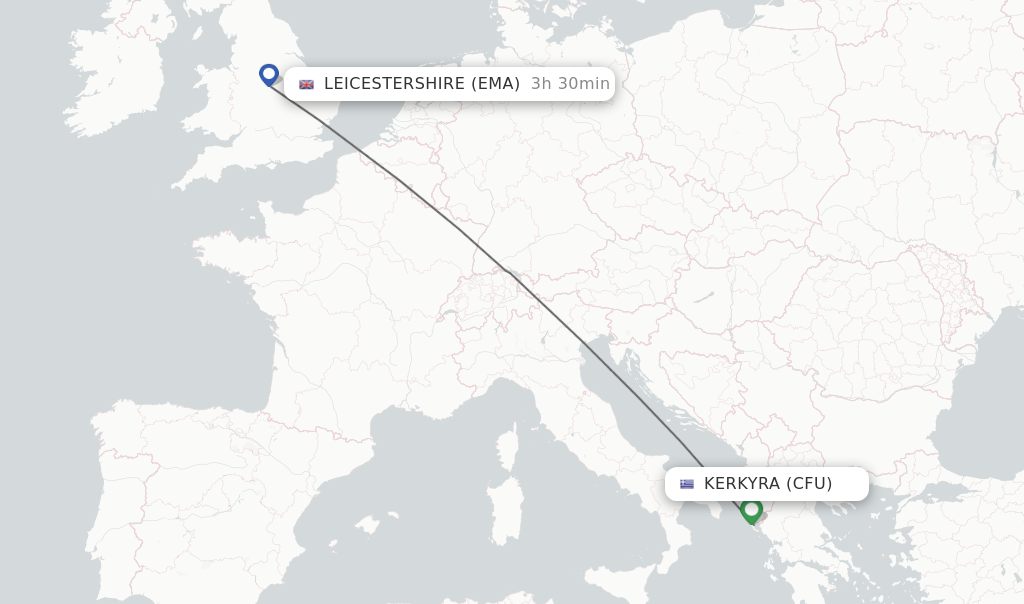 Flights from Kerkyra to Leicestershire route map