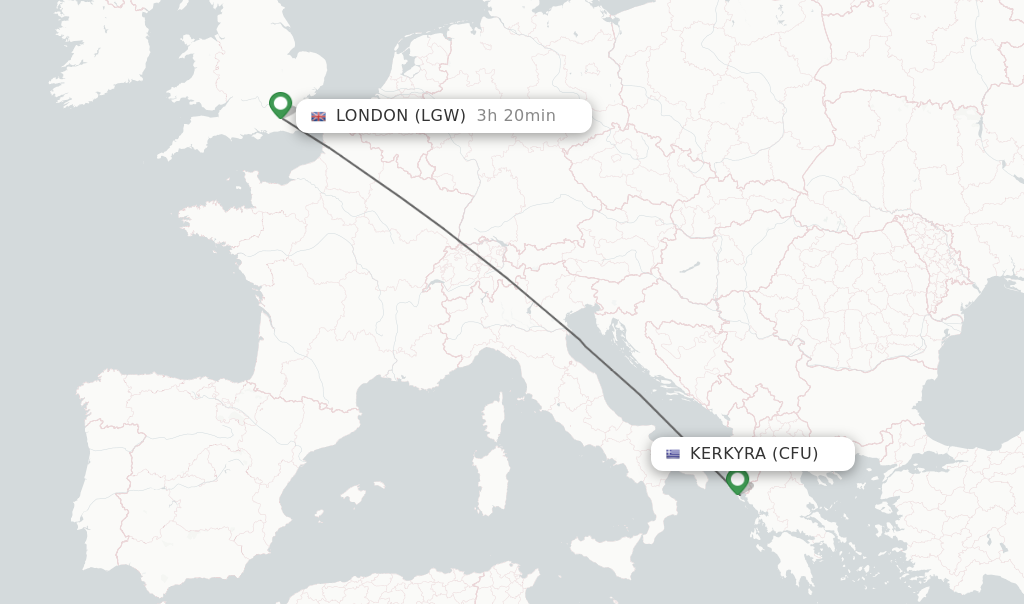 Flights from Kerkyra to London route map
