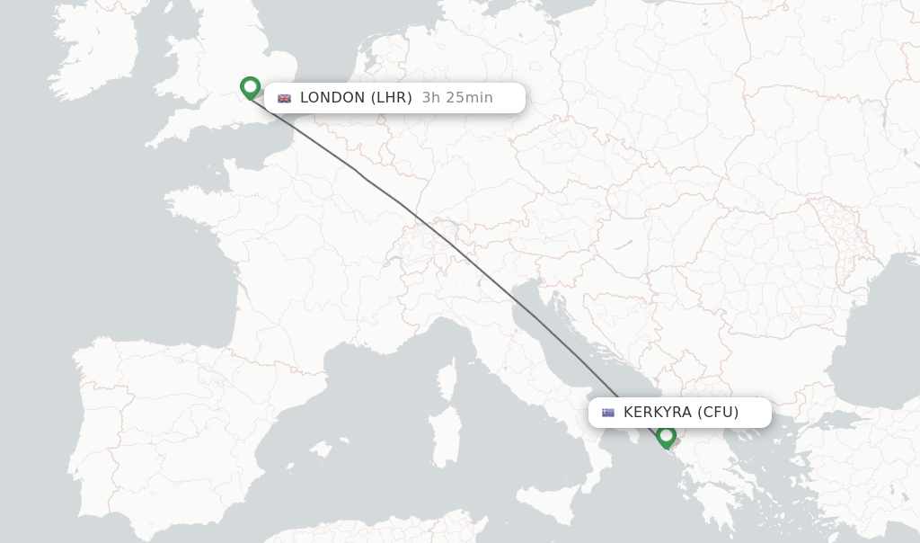 Flights from Kerkyra to London route map