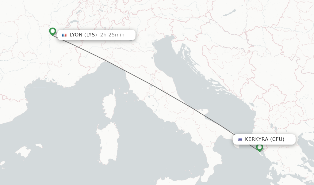 Flights from Kerkyra to Lyon route map