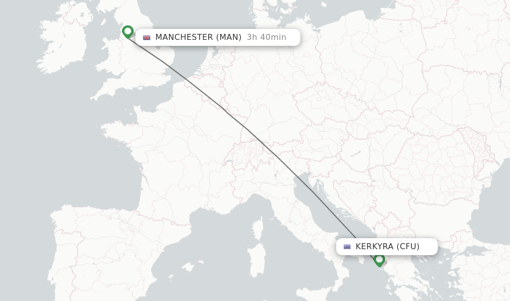 Flights from Kerkyra to Manchester route map