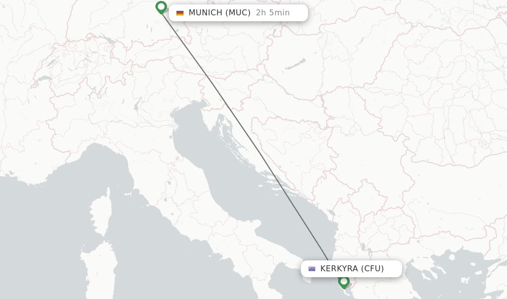 Flights from Kerkyra to Munich route map