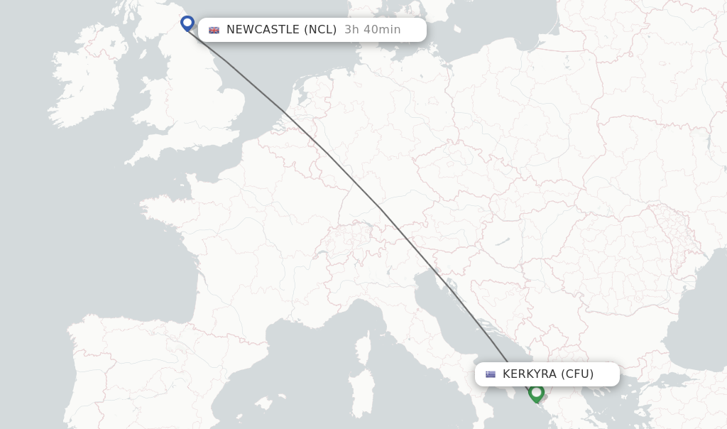Flights from Kerkyra to Newcastle route map
