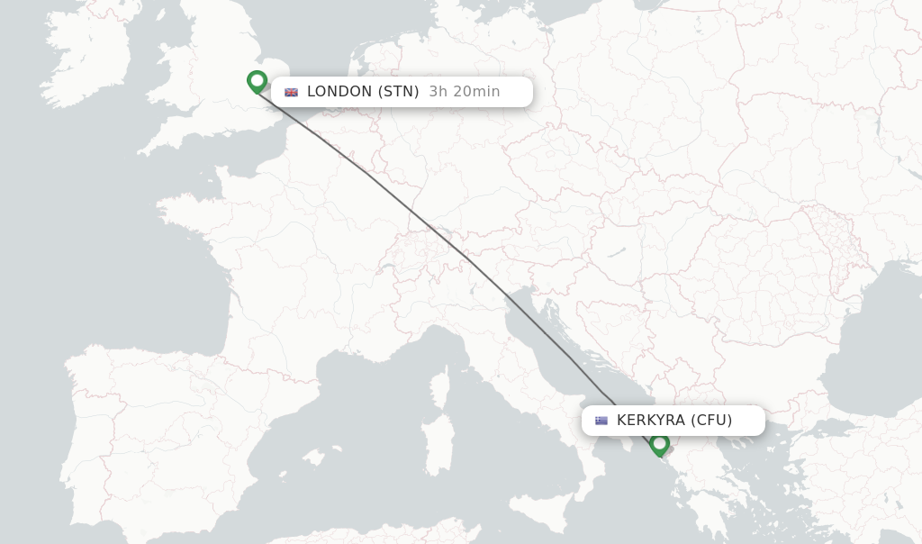 Flights from Kerkyra to London route map