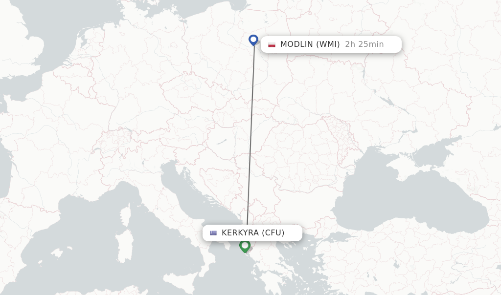 Flights from Kerkyra to Modlin route map