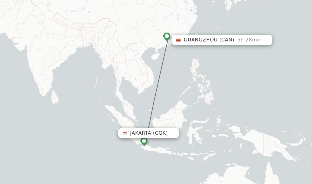 Flights from Jakarta to Guangzhou route map