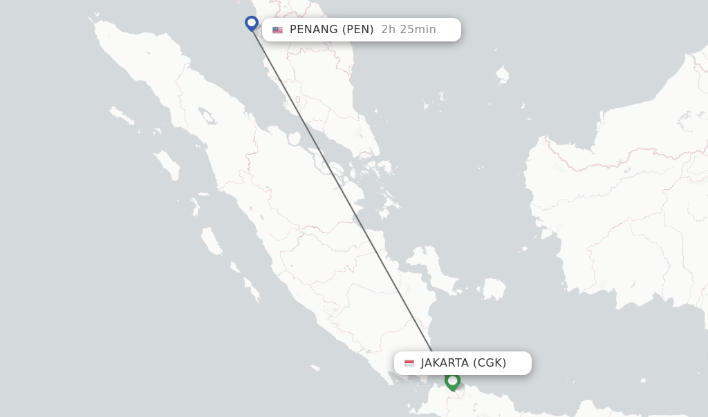 Flights from Jakarta to Penang route map