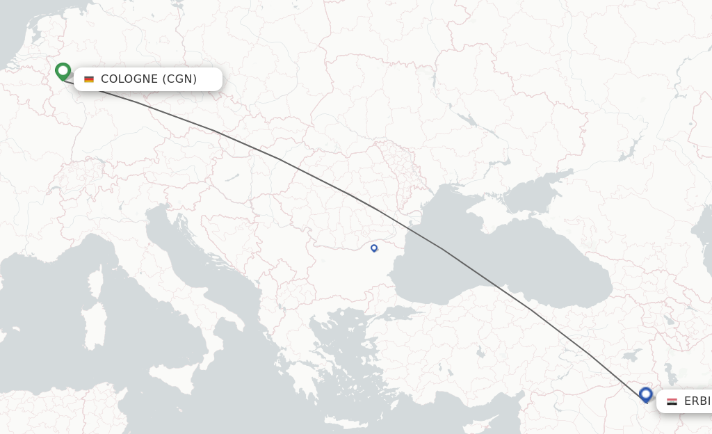 Flights from Cologne to Erbil route map