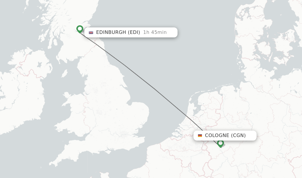 Flights from Cologne to Edinburgh route map