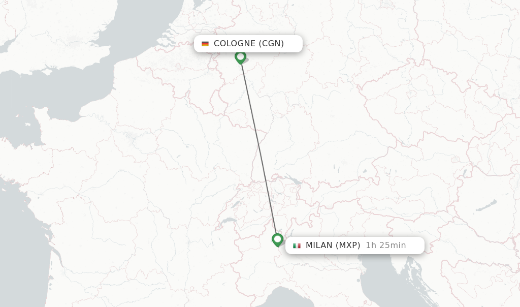 Flights from Cologne to Milan route map