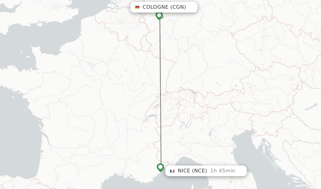 Flights from Cologne to Nice route map