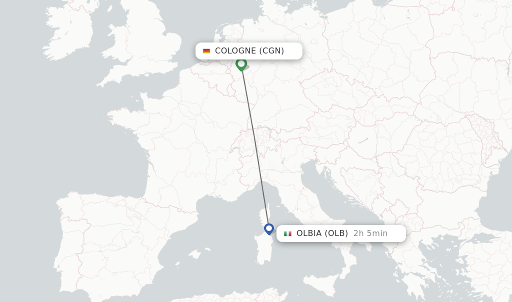 Flights from Cologne to Olbia route map