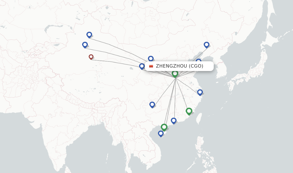 Route map with flights from Zhengzhou with Shandong Airlines