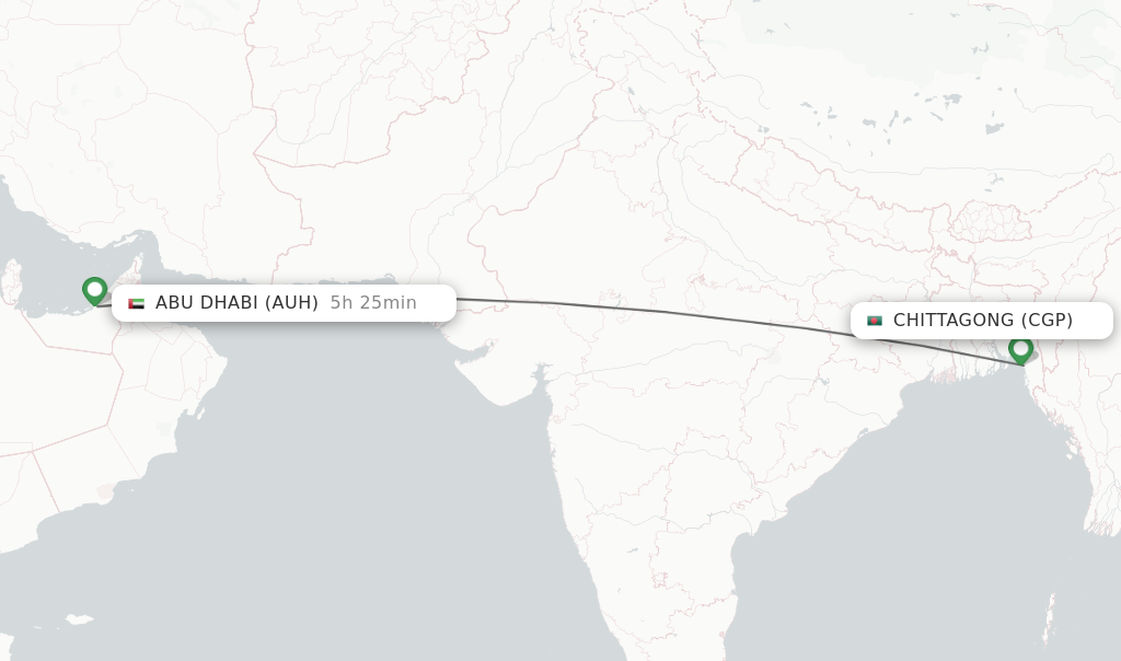 Flights from Chittagong to Abu Dhabi route map