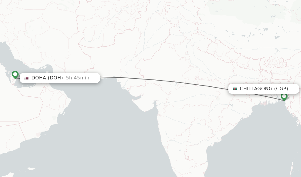 Flights from Chittagong to Doha route map