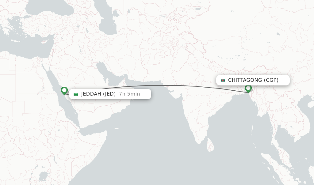 Flights from Chittagong to Jeddah route map